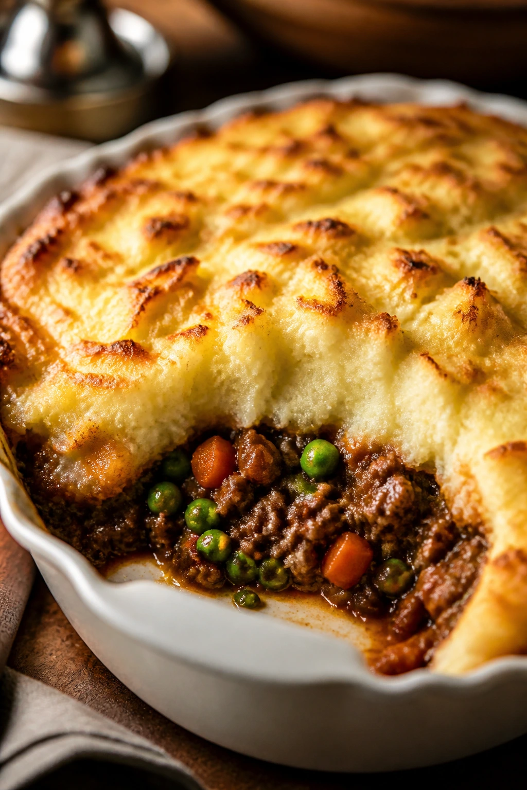 Slice of shepherd’s pie showing beef filling under mashed potato crust