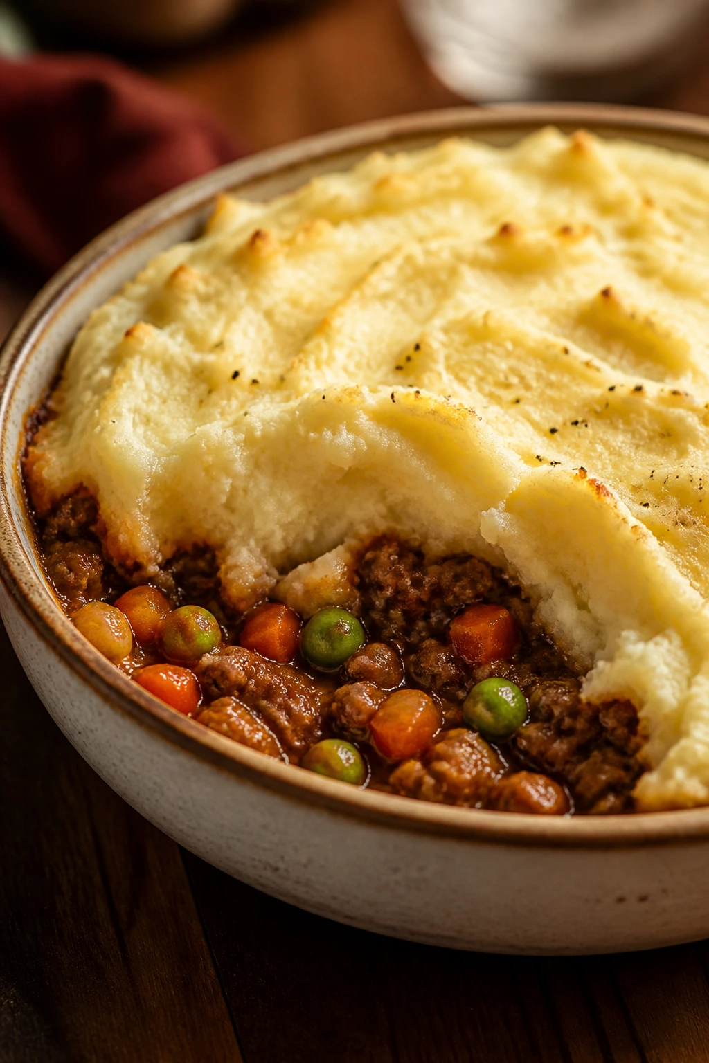 Close-up of shepherd's pie with mashed potatoes topping in a rustic bowl, warm kitchen light