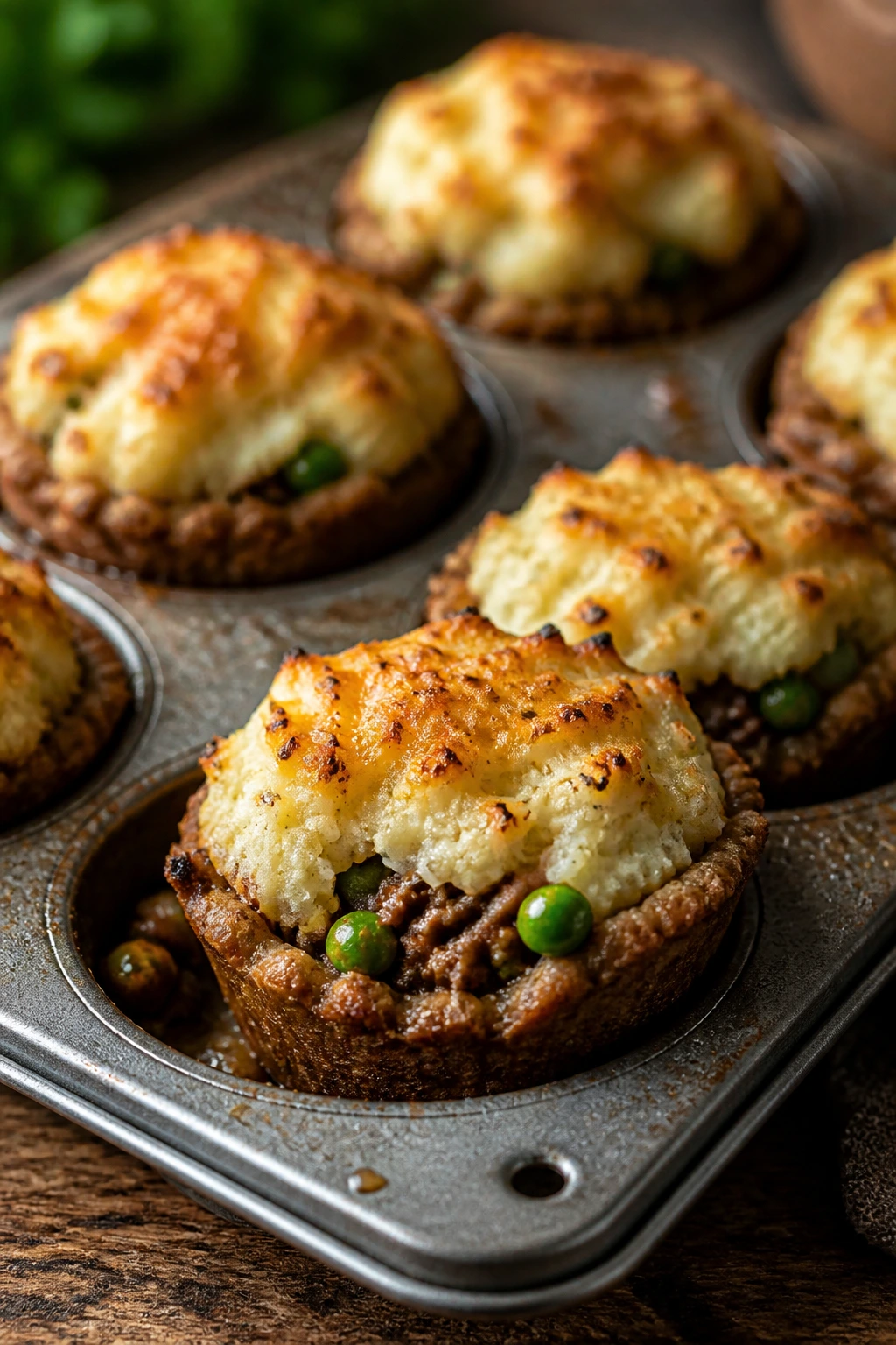 Close-up of shepherd's pie muffins in a muffin tin