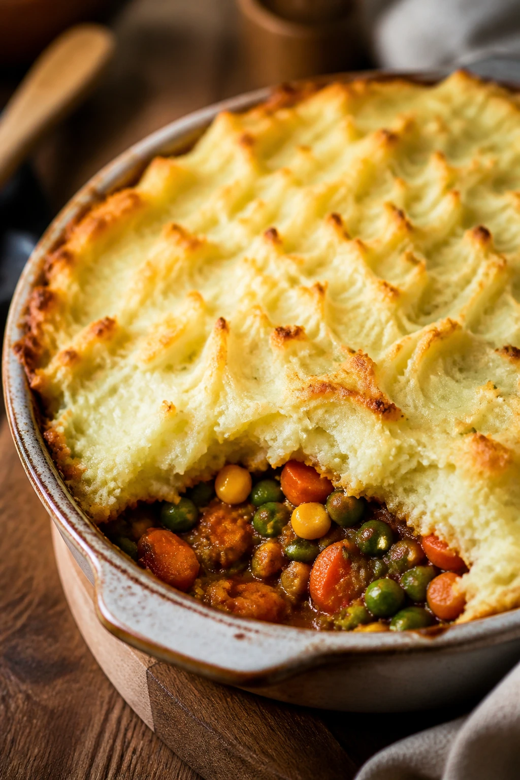 Close-up of veggie shepherd’s pie with golden mashed potato top and visible vegetables