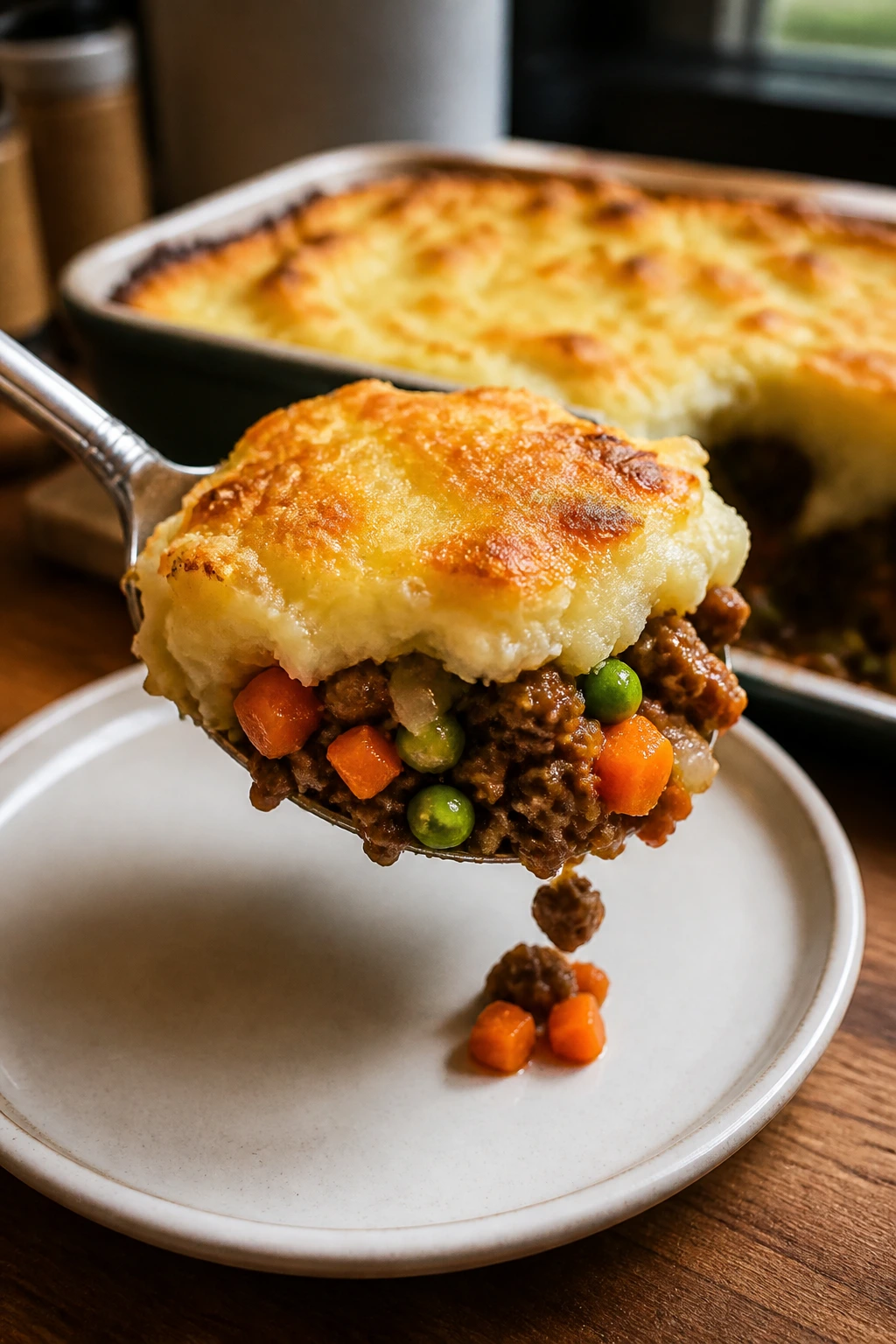 Close-up of Old-School Shepherd’s Pie served on a plate