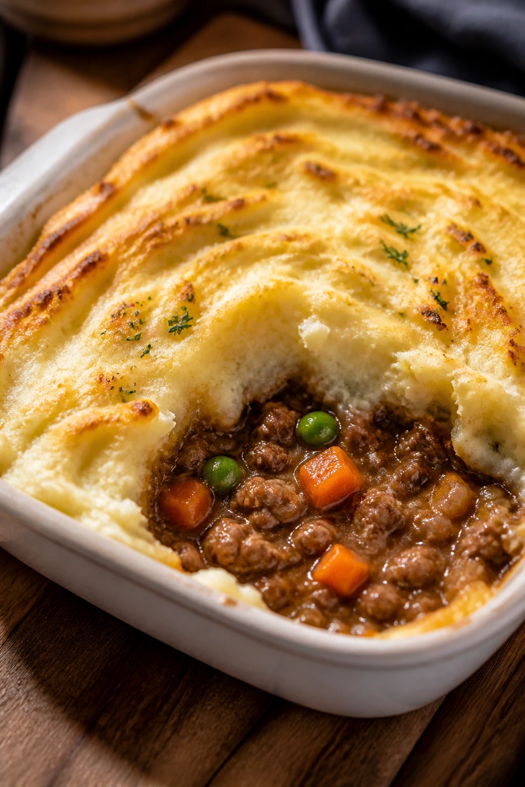 Classic shepherds pie beef in a baking dish with golden potato topping
