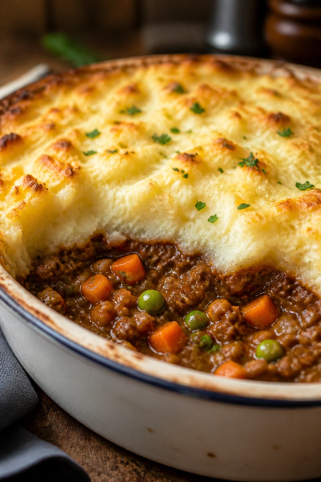 Close-up of Classic Shepherd’s Pie with a golden mashed potato crust