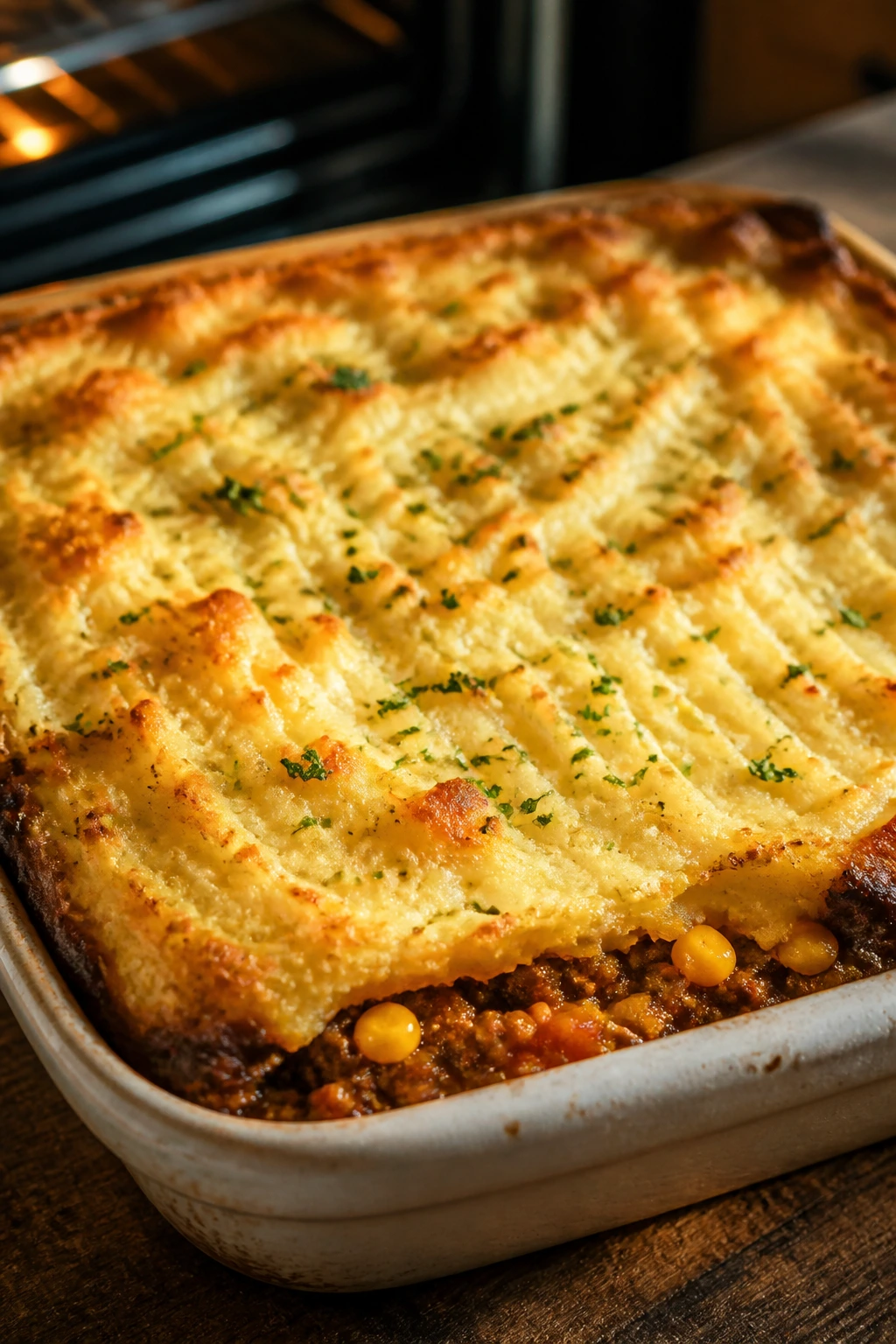 Golden mashed potato crust over beef filling in a baking dish