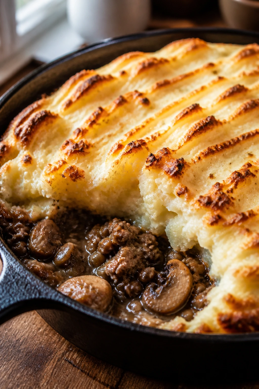 Close-up of beef lentil mushroom shepherd’s pie topping in a cast-iron pan.
