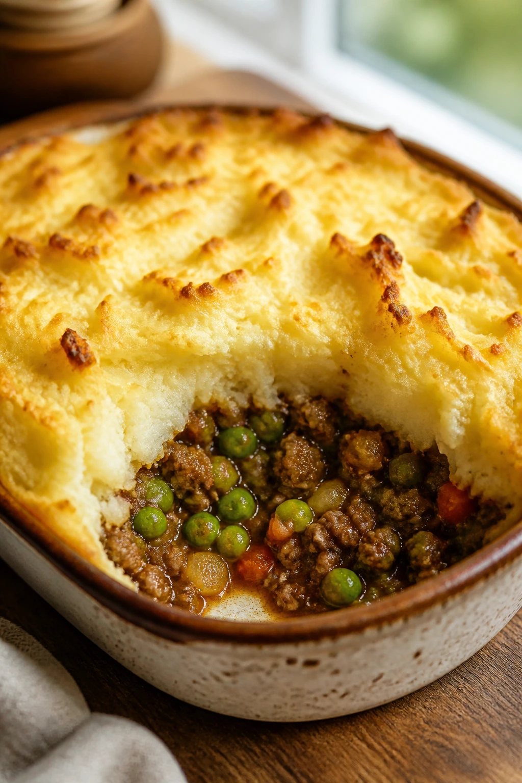 Close-up of Shepherd’s Pie with Ground Beef and Peas featuring a golden potato crust in a rustic baking dish