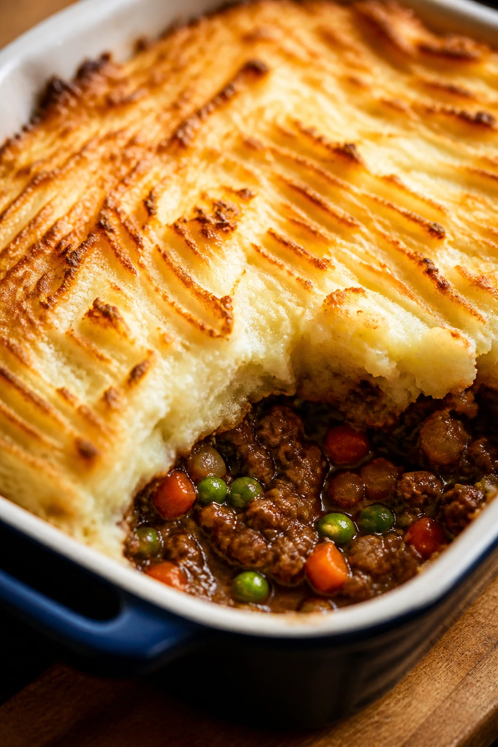 Slice of shepherds pie with browned potato crust and meaty filling
