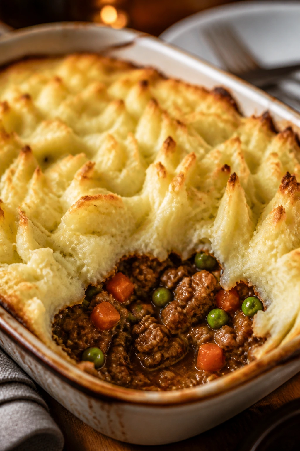 Top of shepherd's pie with golden mashed potatoes