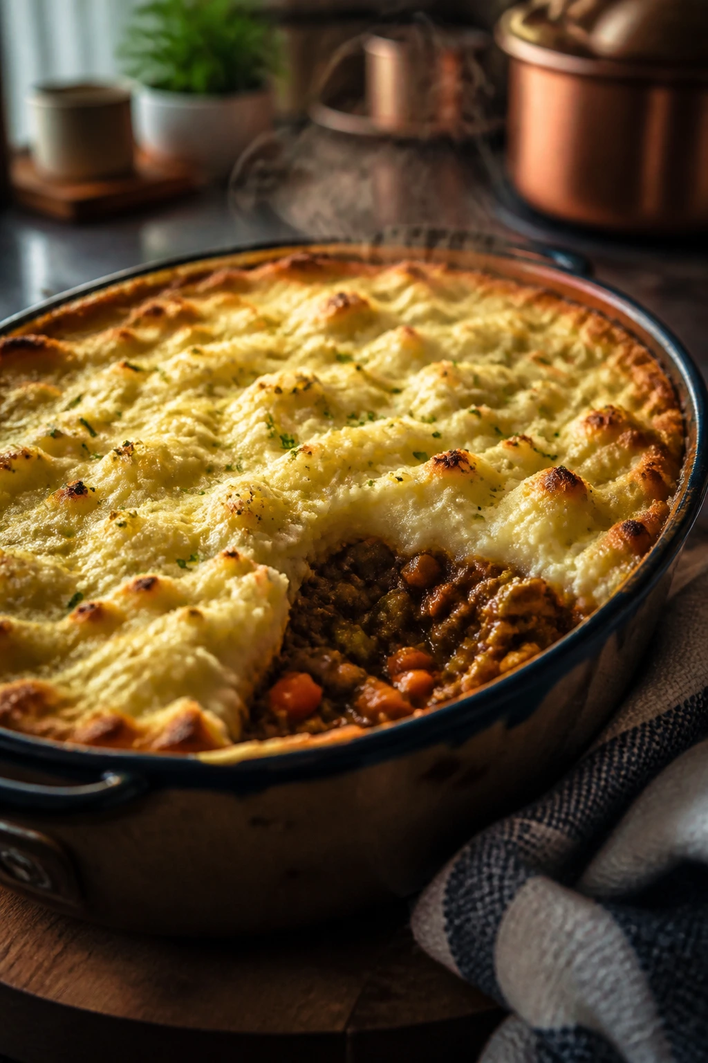 Golden shepherd’s pie with mashed potato crust and beef filling.