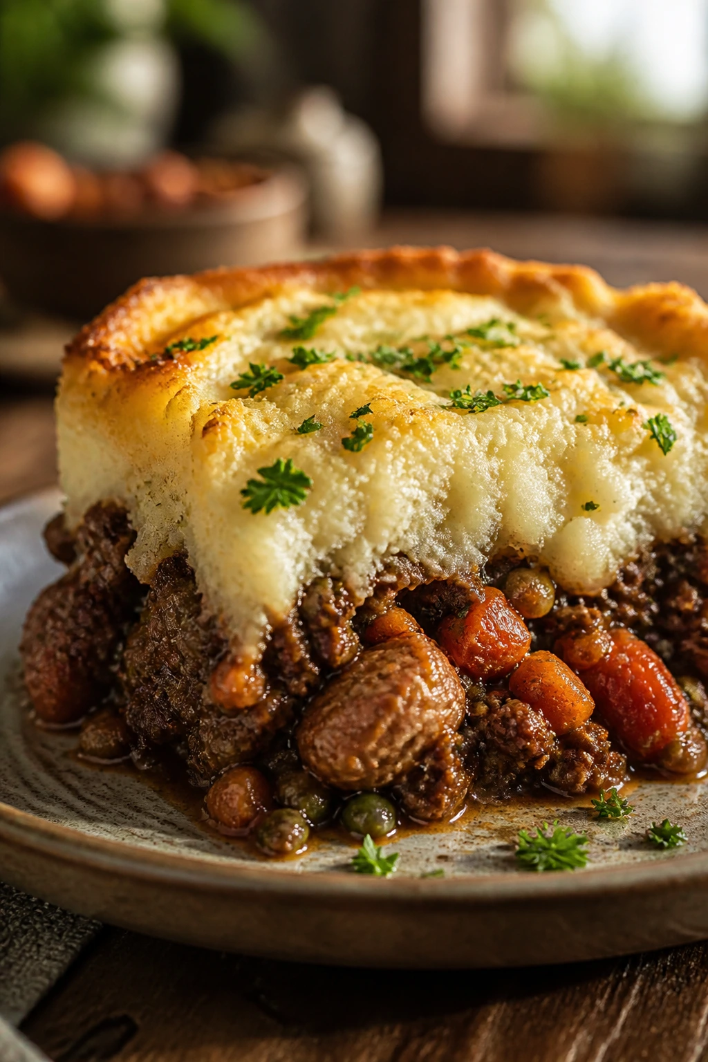 Close-up of shepherd’s pie with beef-sausage filling on a rustic plate