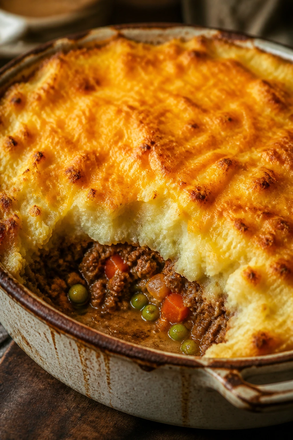 Close-up of Shepherd’s Pie with Cheddar Mash topping