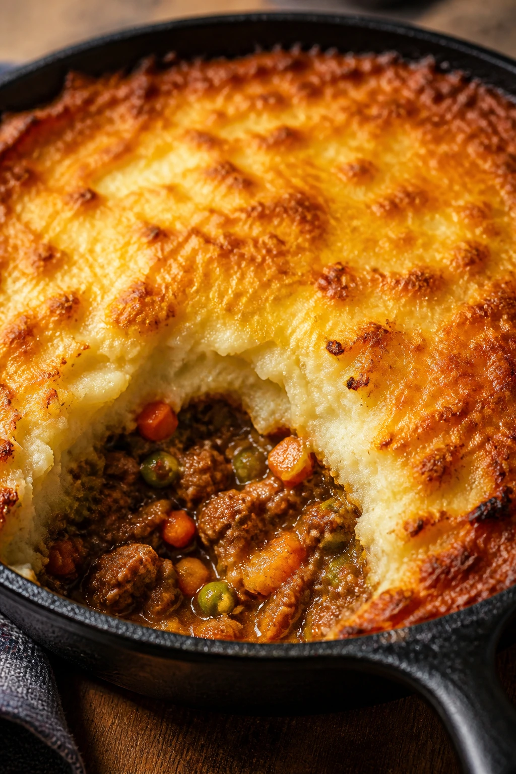 Cast-iron skillet with shepherd’s pie topping browning under cheese.