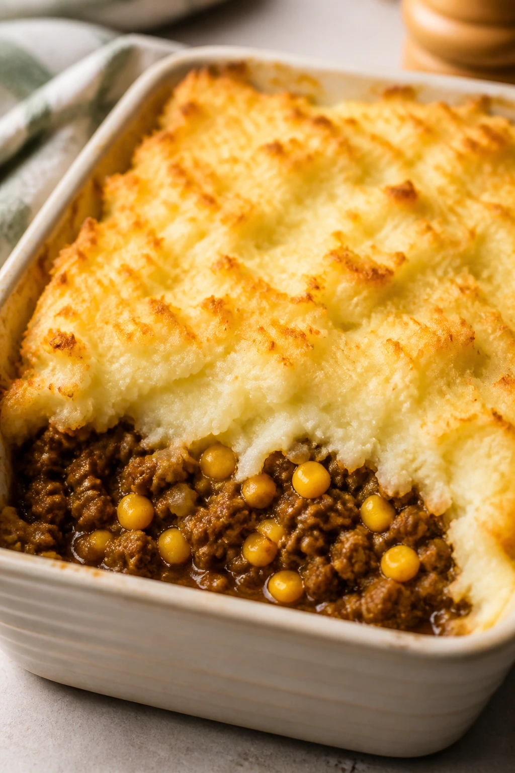 Baked shepherd's pie in a dish with mashed potato topping and corn visible