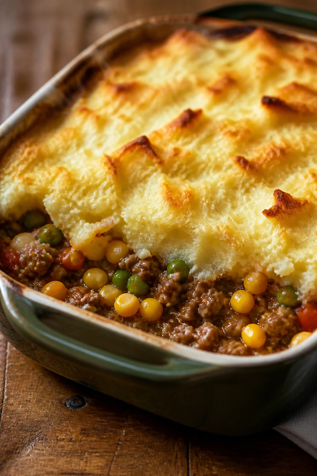 Close-up of shepherd’s pie with corn and peas in a baking dish