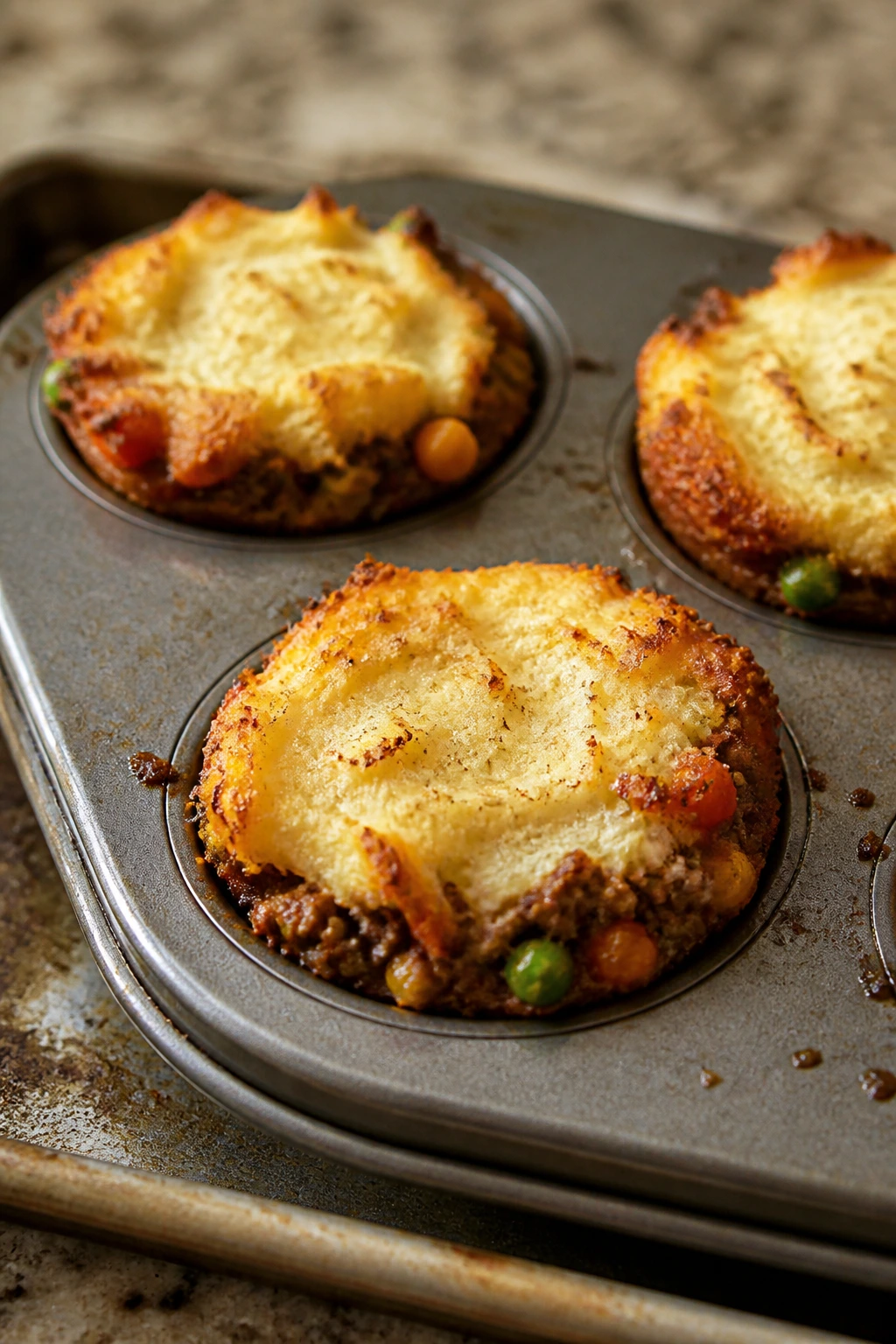 Close-up of shepherd’s pie cups with golden mashed potato tops