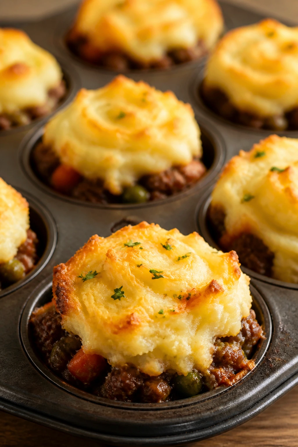 Top view of mini shepherd's pie cups in a muffin tin