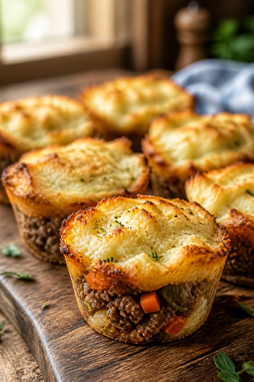 Close-up of mini shepherd’s pies in muffin tins with crisp potato edges.