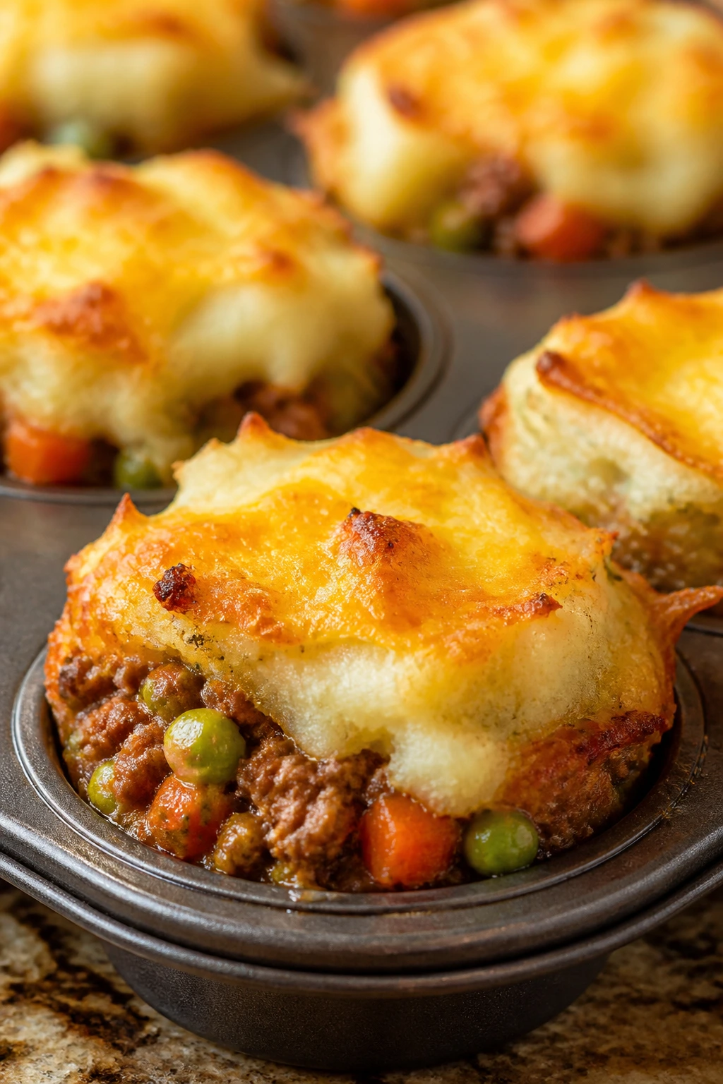 Muffin tin cups topped with mashed potatoes and cheddar