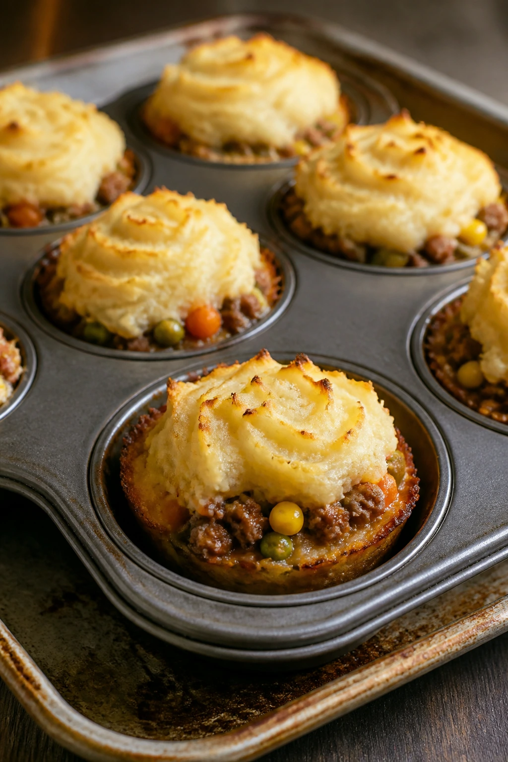 Close-up of shepherd's pie cups in muffin tin.