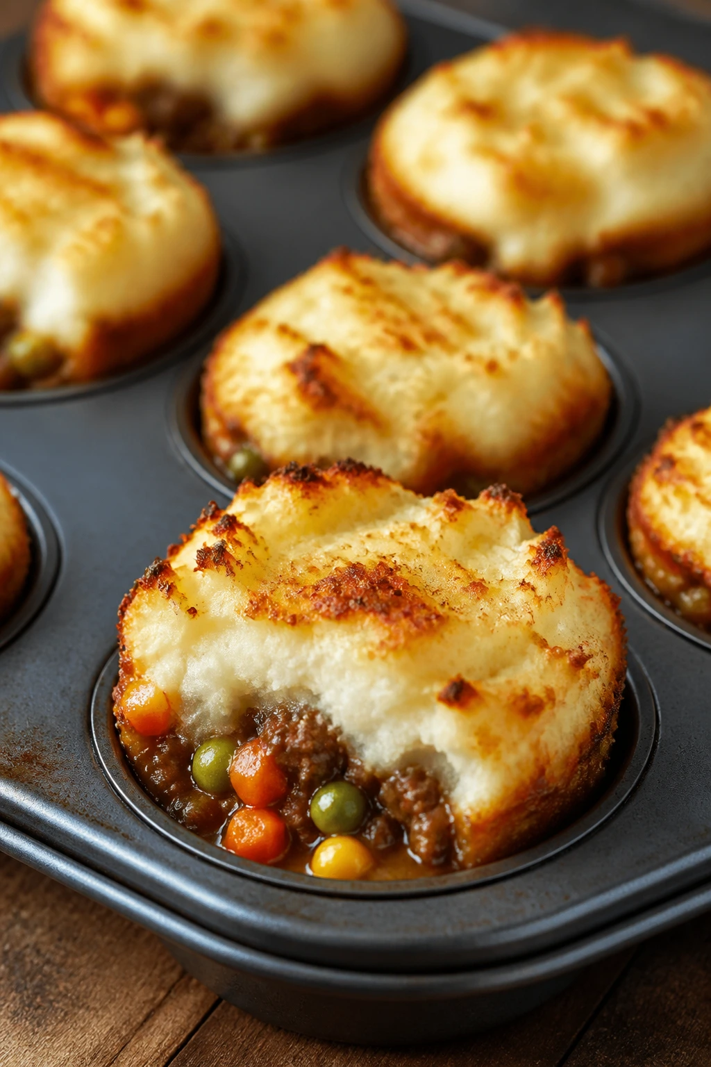 Close-up of shepherd's pie cups with browned potato tops in a muffin tin