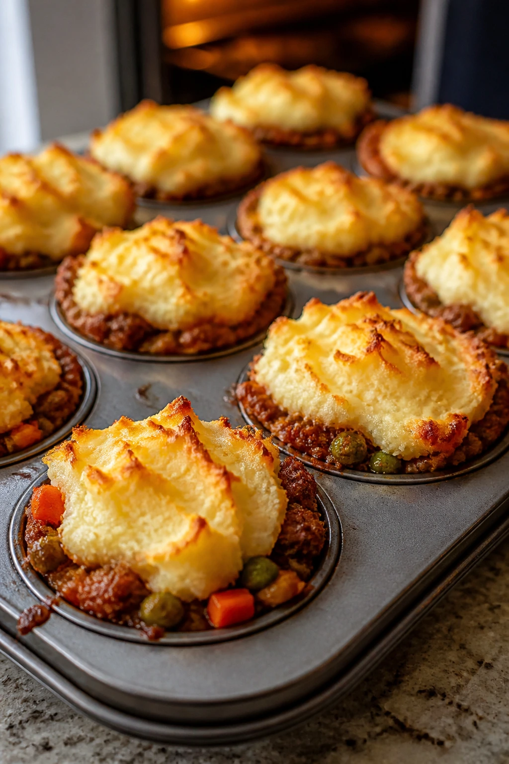 Golden-topped shepherd’s pie cups in a muffin tin