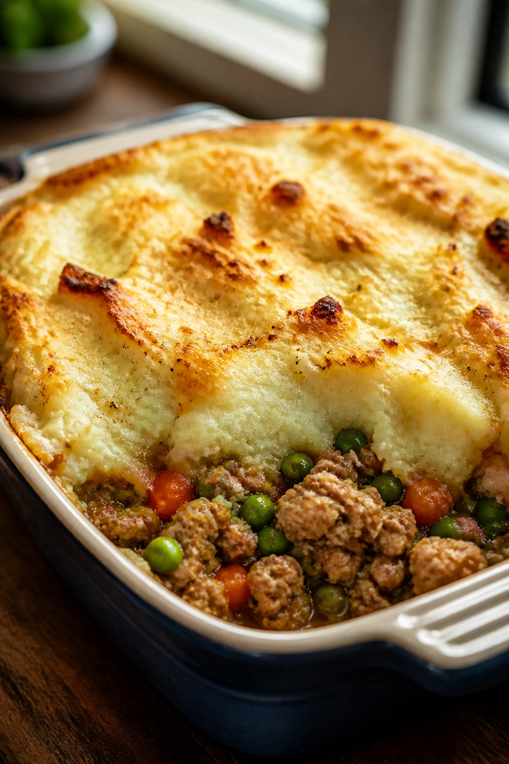 Close-up of shepherd’s pie with ground turkey in a ceramic dish