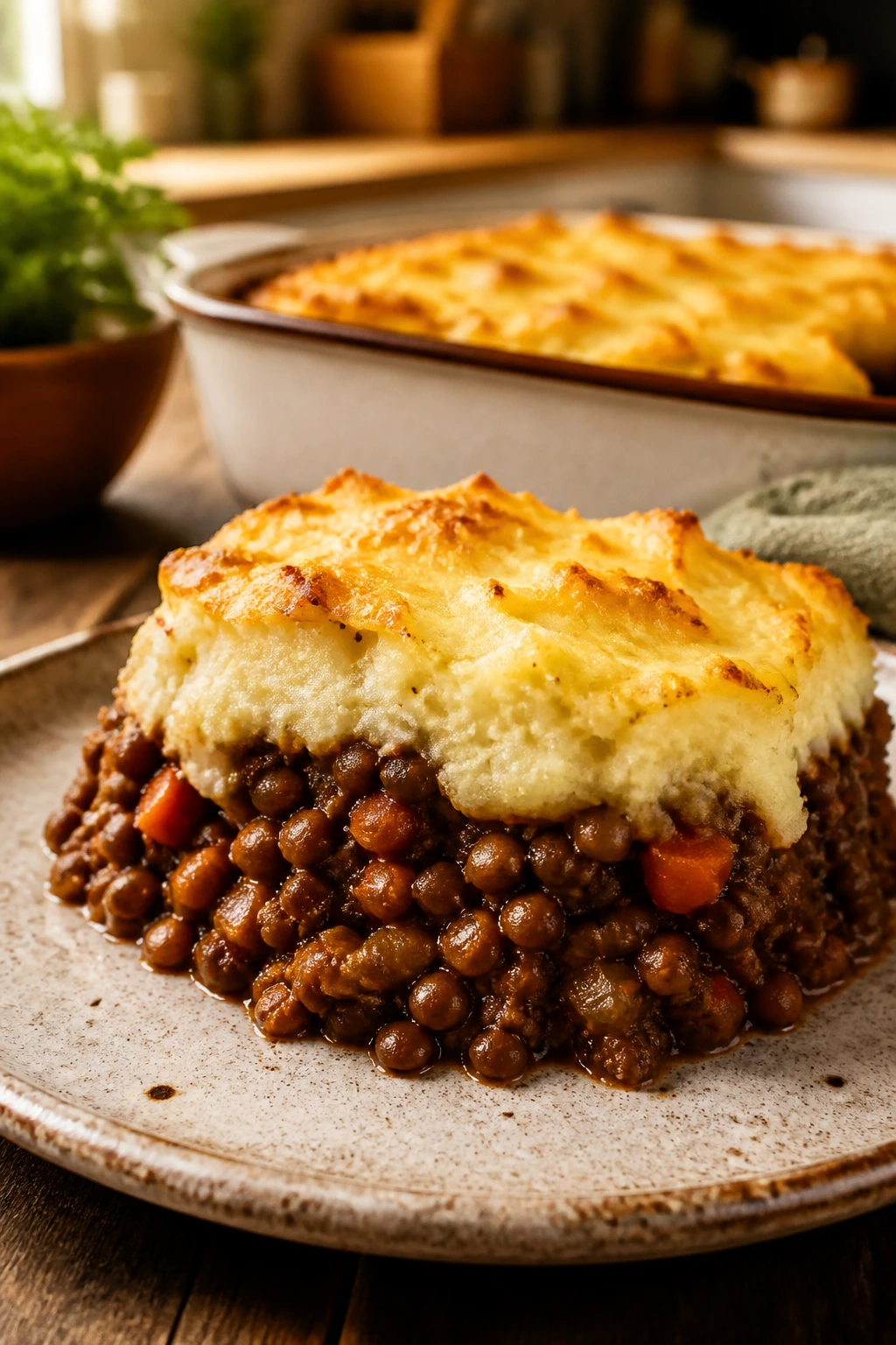 Close-up of beef and lentil shepherd's pie slice on a plate