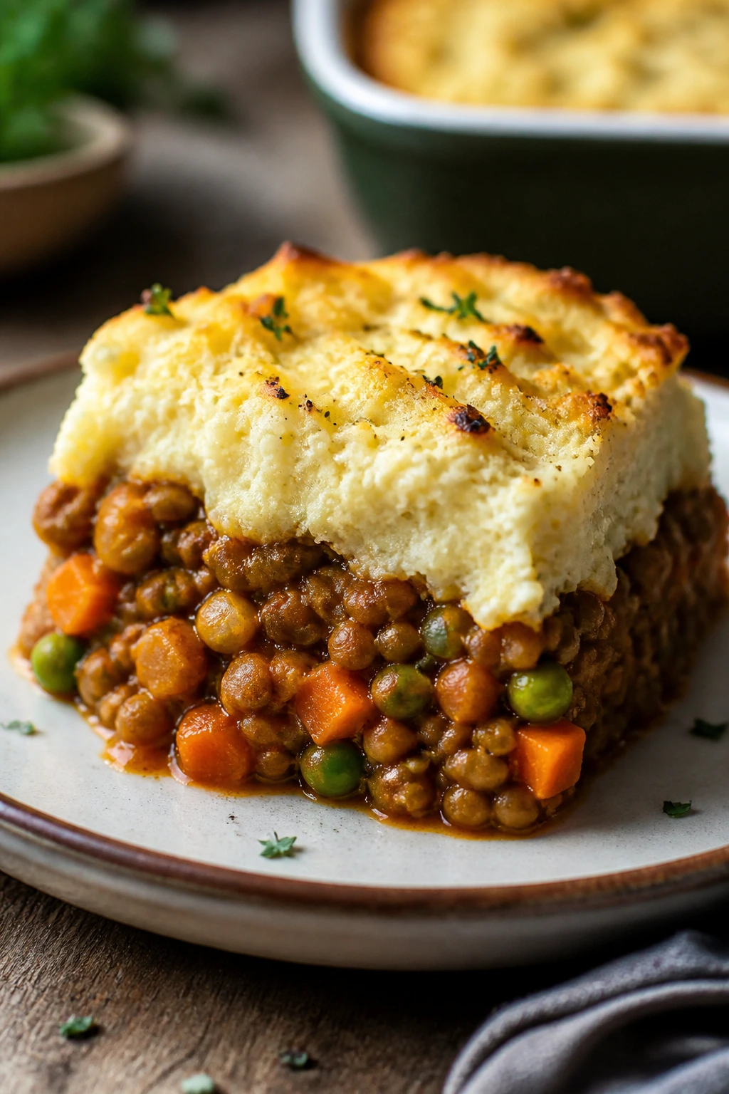 Plated veggie shepherd’s pie slice with lentils and cauliflower mash