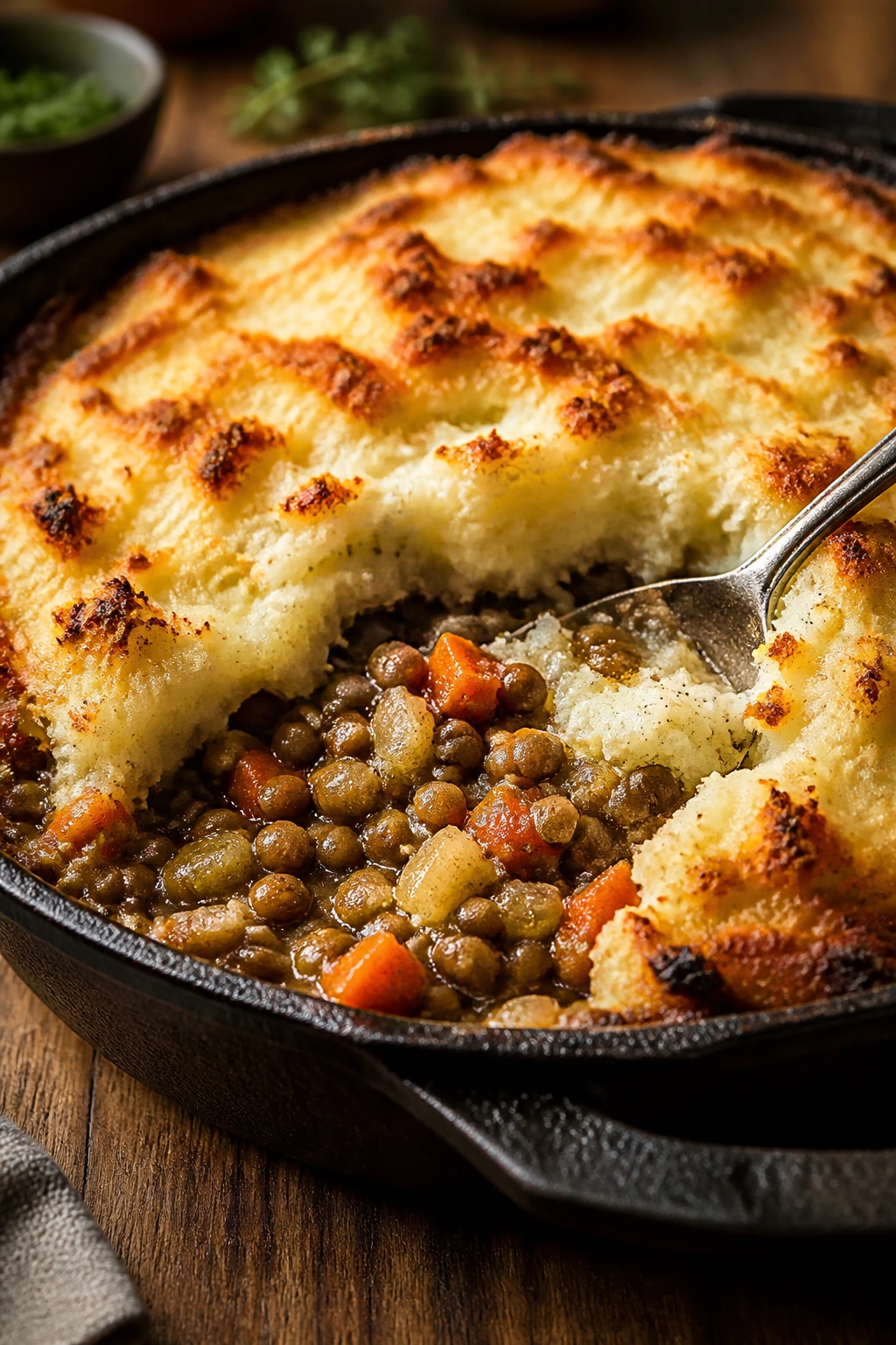 Spoon breaking through shepherd’s pie with lentils and cauliflower mash.