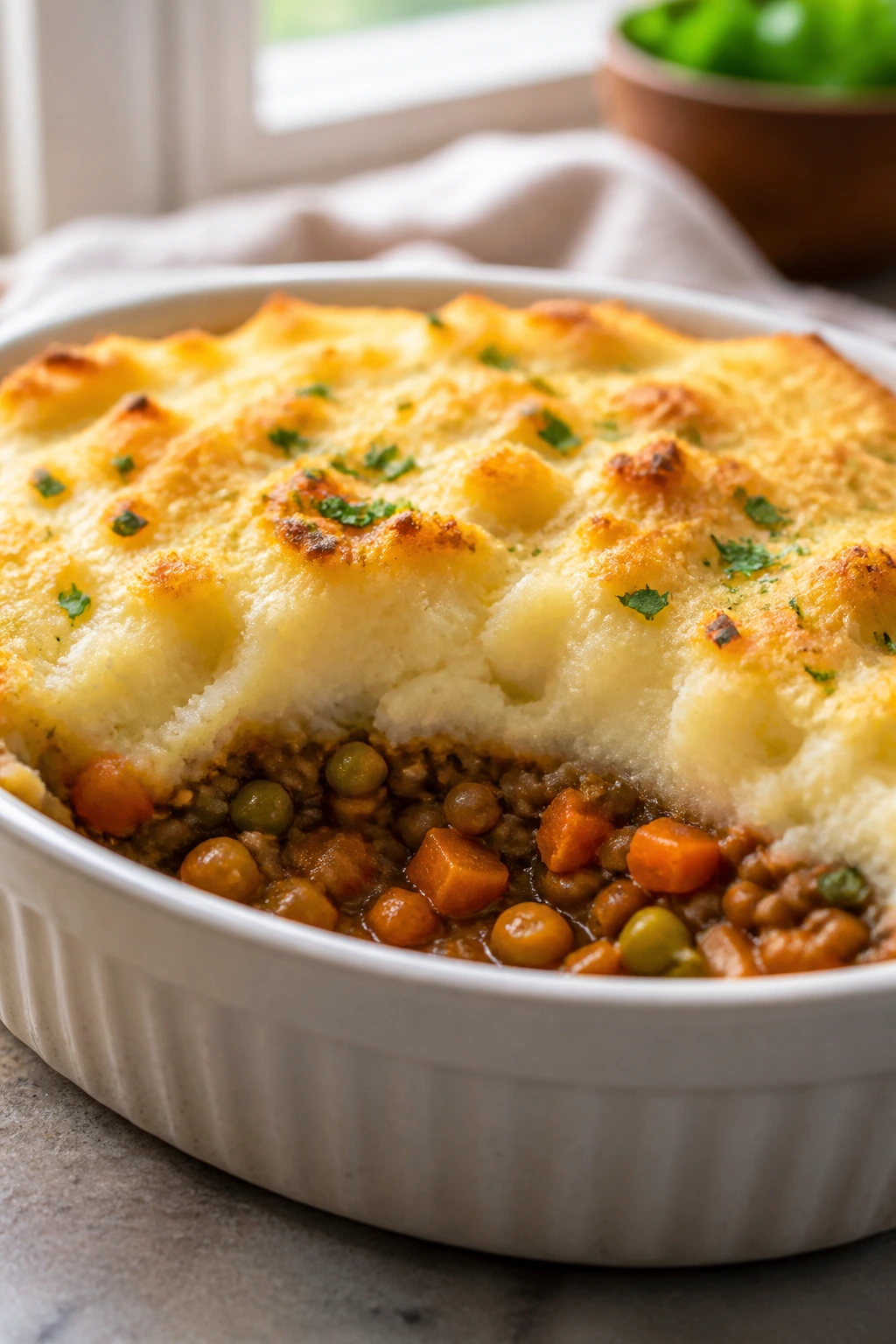 Close-up of lentil and veggie shepherd's pie in a ramekin with mashed potato topping