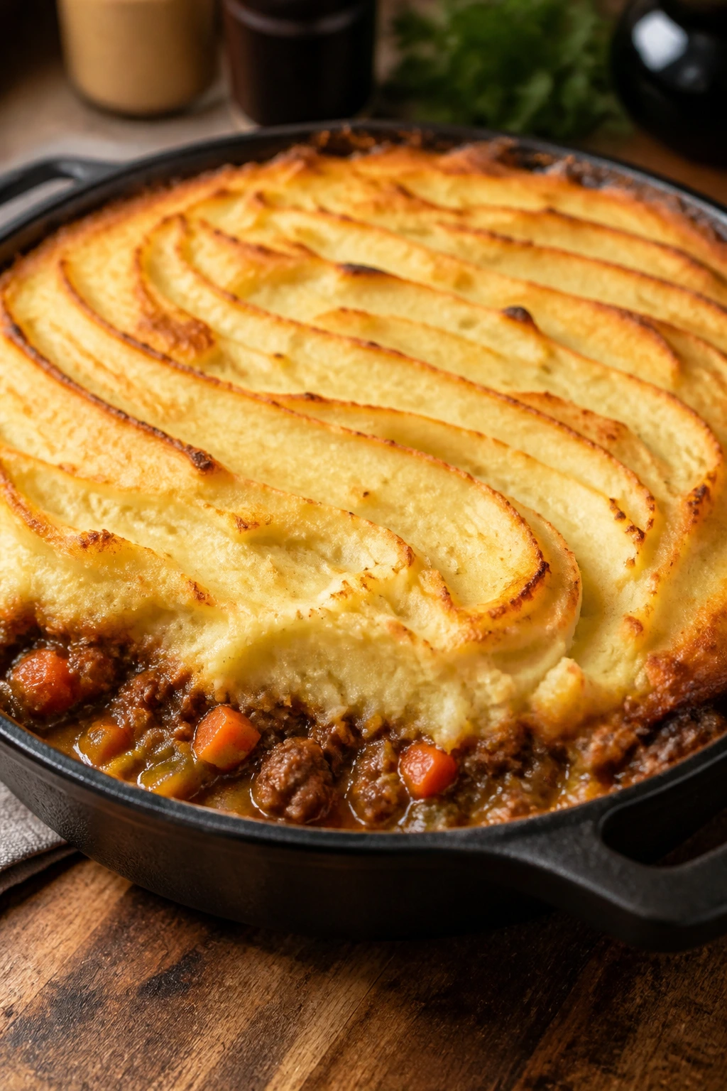 Close-up of Shepherd’s Pie with Mashed Potato Top in a cast-iron skillet on a wooden counter with warm kitchen light