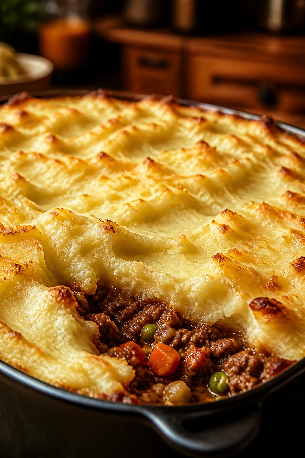 Close-up of classic shepherd's pie with golden mashed potatoes