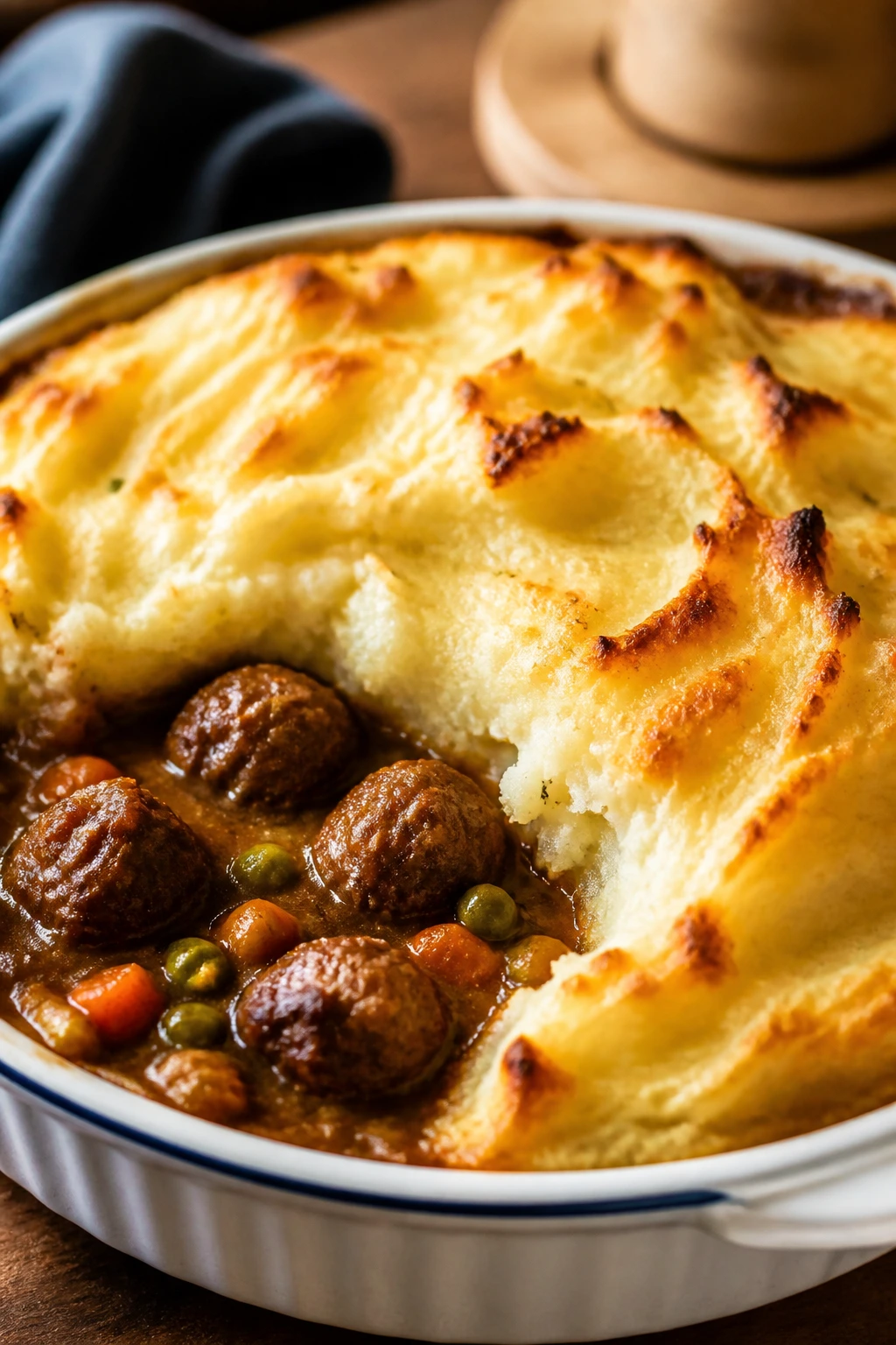 Mashed potato topped meatball bake with peas peeking from under crust