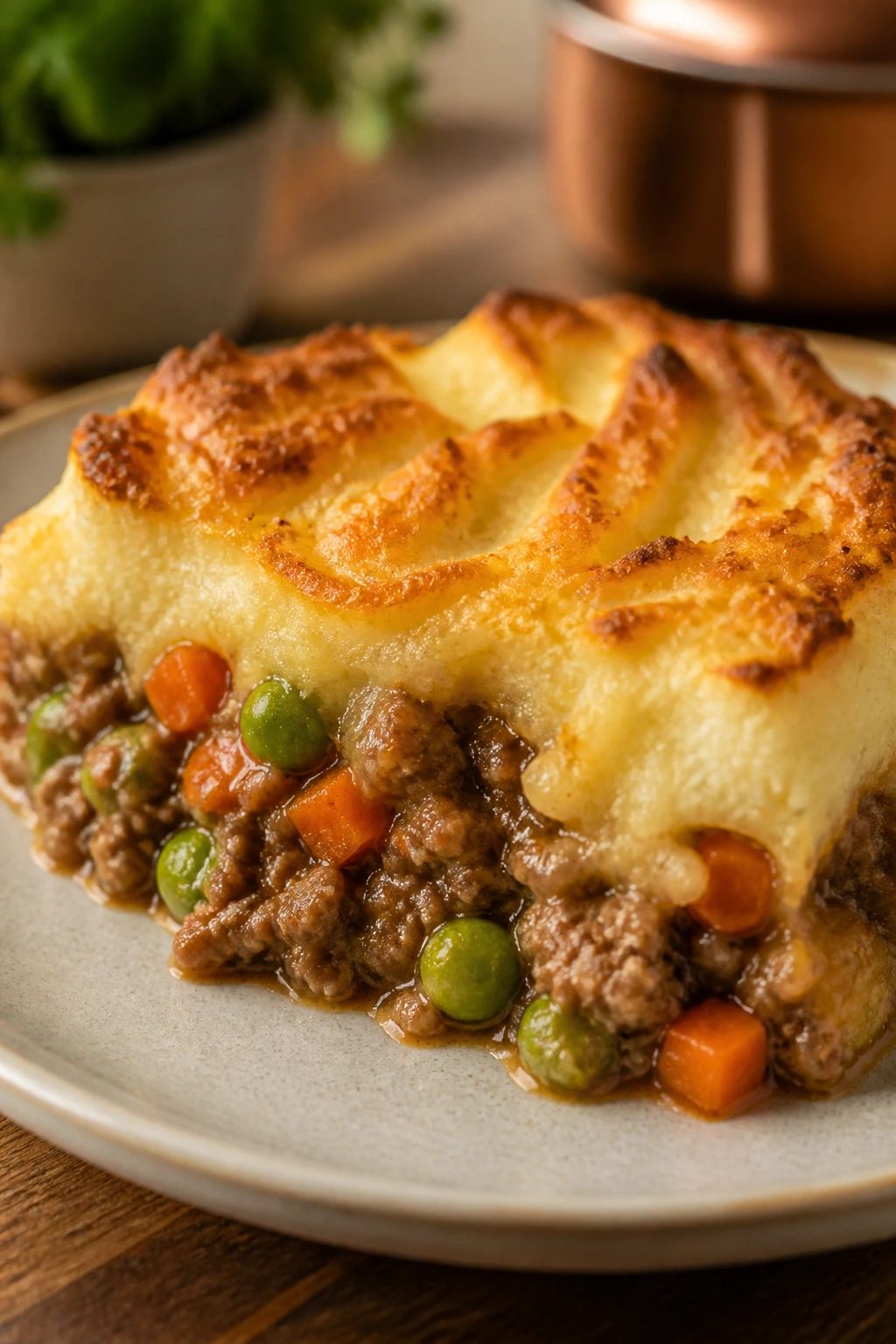 Slice of shepherd's pie with mashed potato topping and peas and carrots