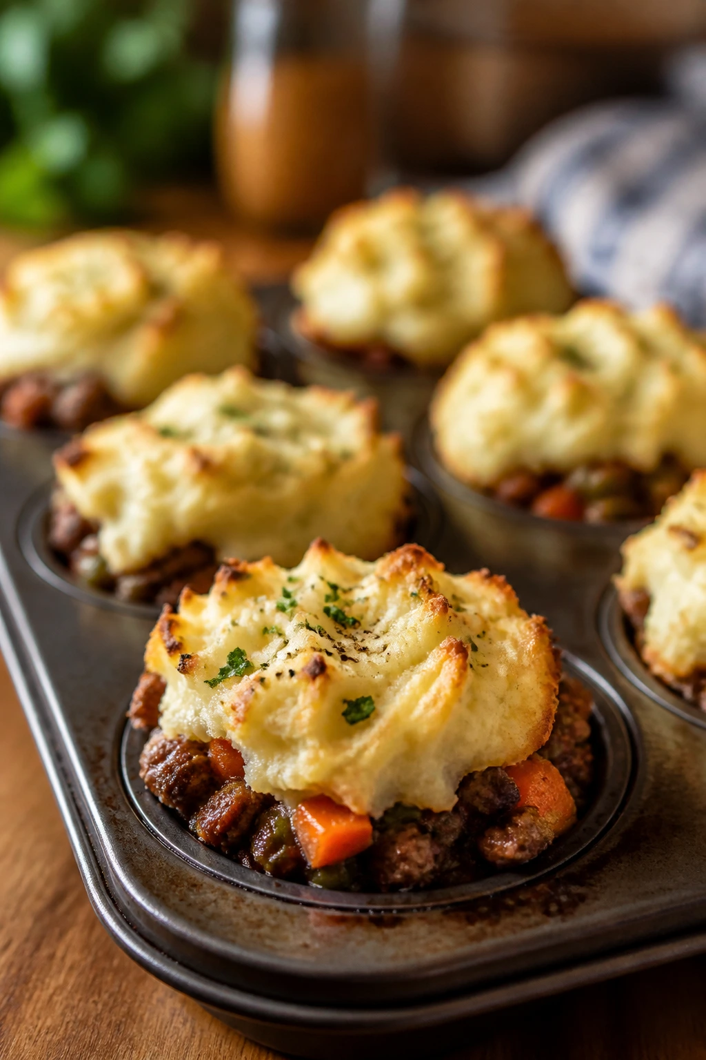 Close-up of shepherd’s pie potato cups in muffin tin