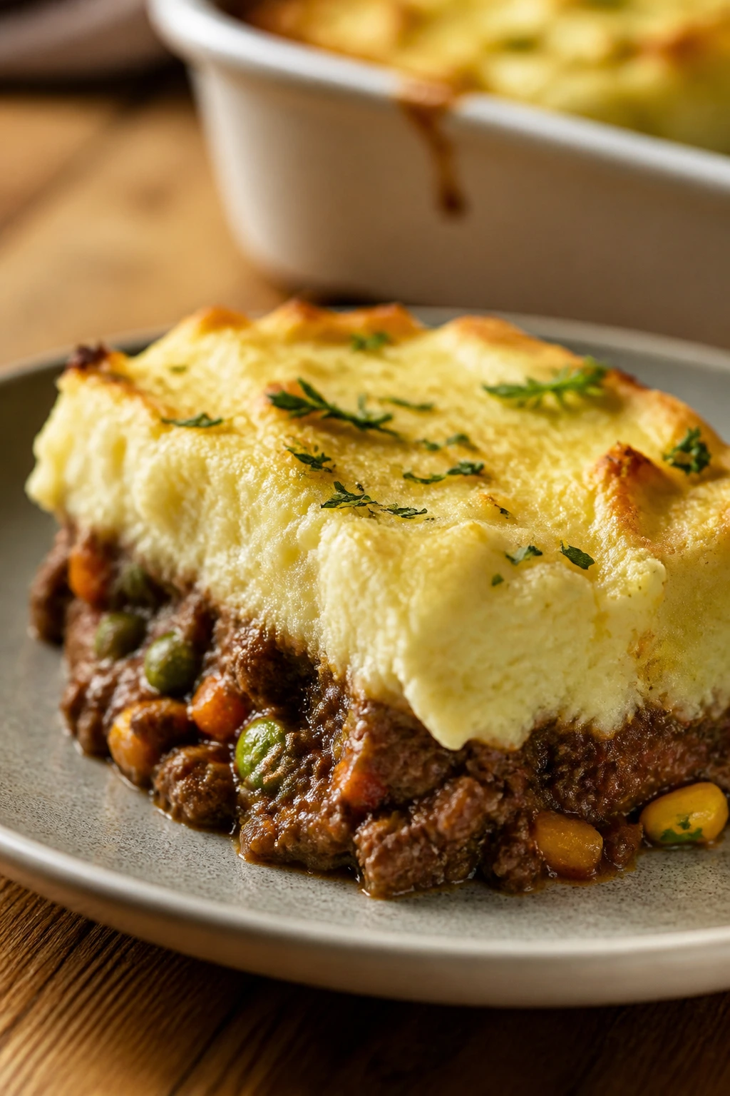 Slice of shepherd's pie showing creamy potato top and beef filling