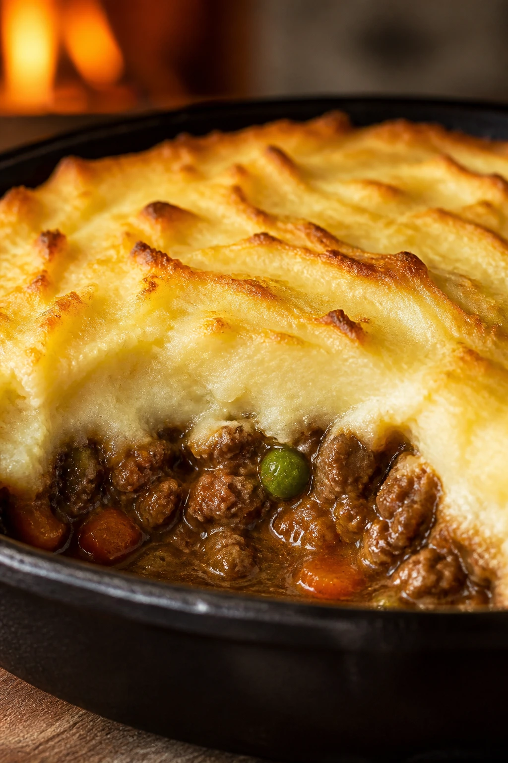 Slice of shepherd's pie with creamy potato topping in cast-iron dish.