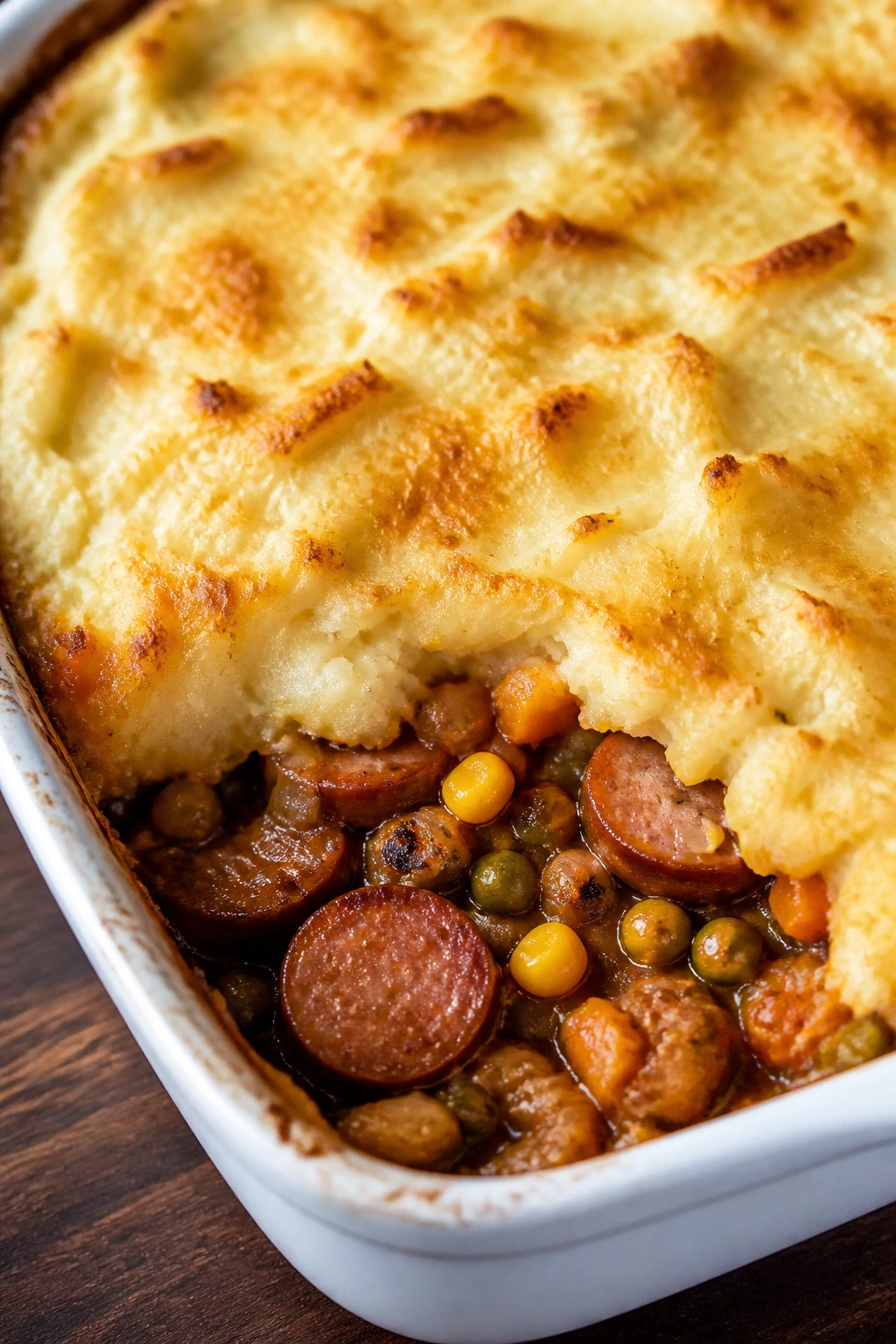 Close-up of smoked sausage shepherds pie with browned potato topping