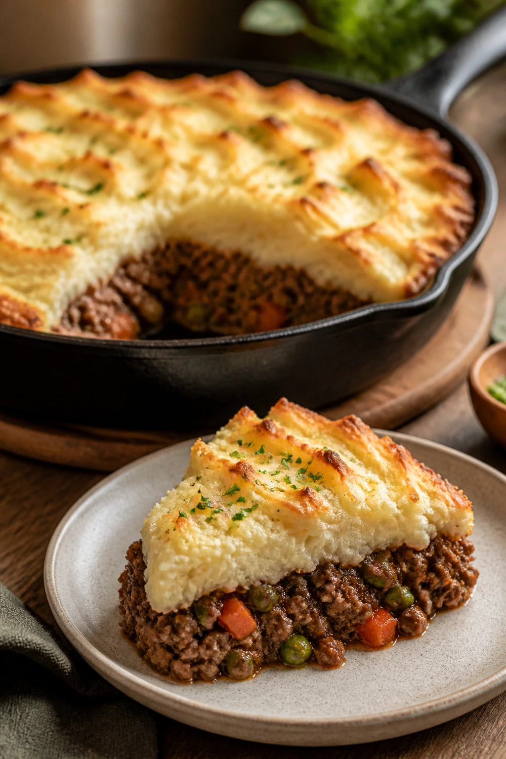 Skillet with shepherd's pie wedge plated beside it