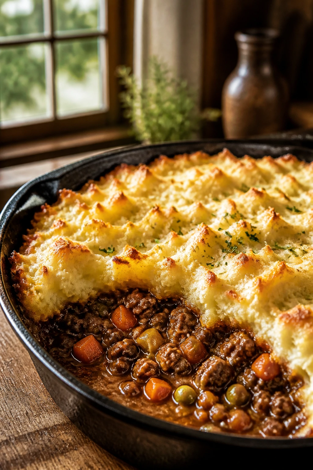 Close-up of Shepherd's Pie Skillet with beef filling and potato topping browning in a rustic kitchen