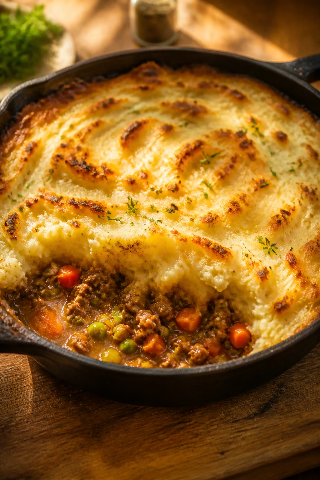 Close-up of skillet shepherd’s pie with golden mashed potato topping