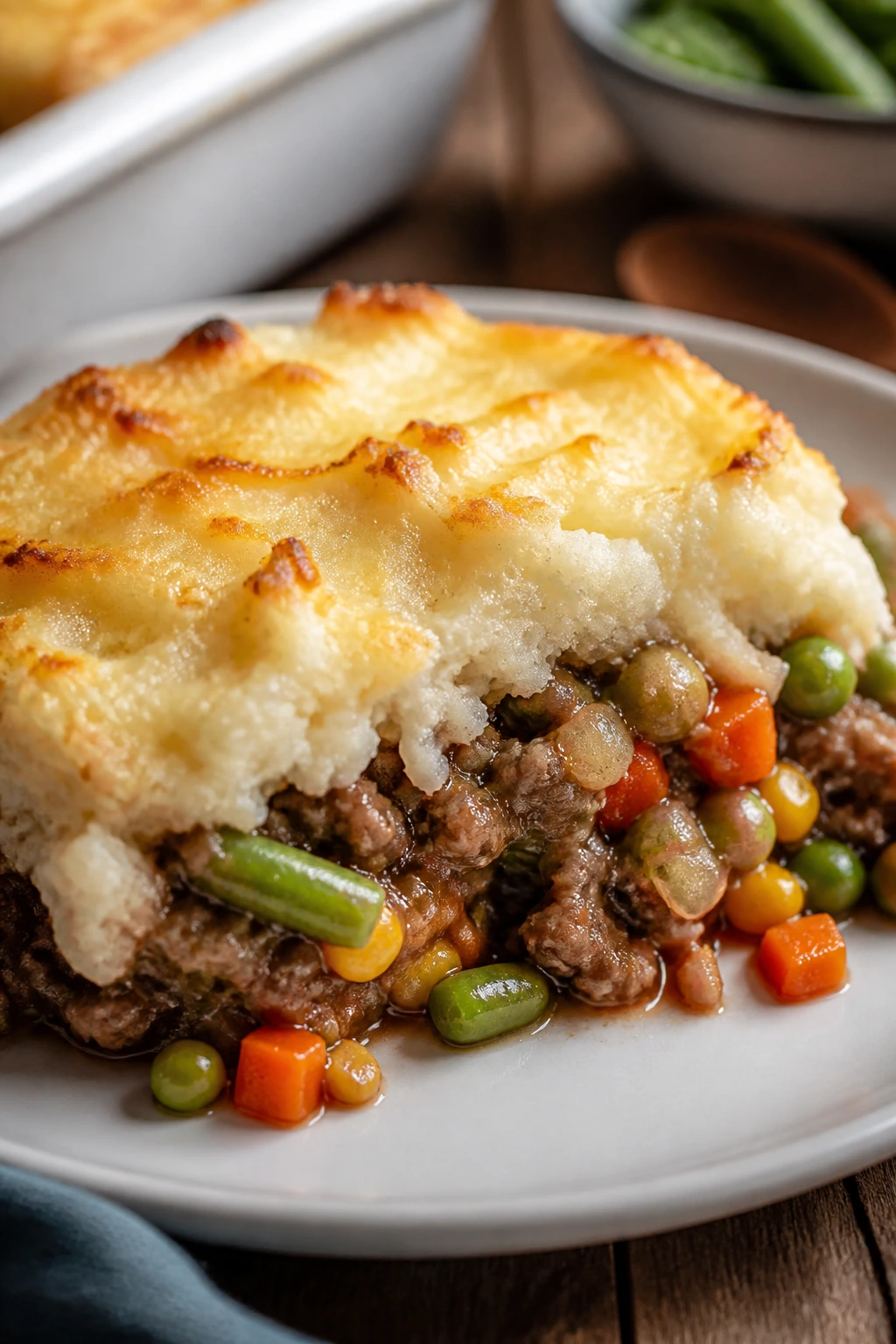 Slice of shepherd's pie with mashed potato topping and visible vegetables