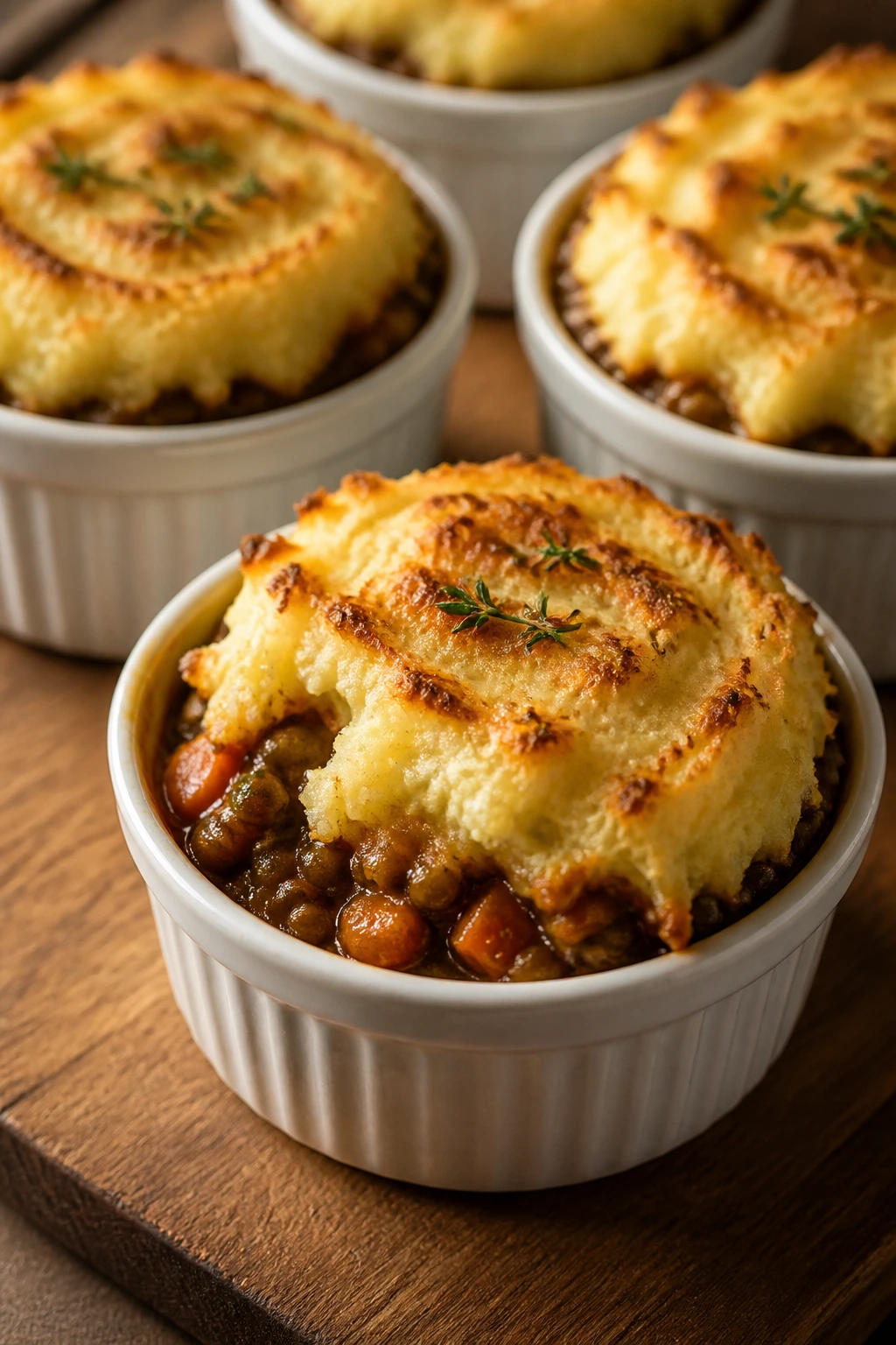 Close-up of mini veggie shepherd's pies in ramekins on a rustic kitchen counter