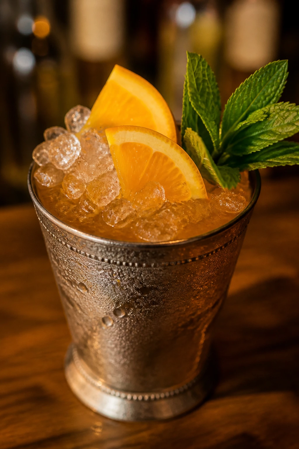 Sherry Cobbler in julep cup with crushed ice, orange slices and mint on a rustic bar