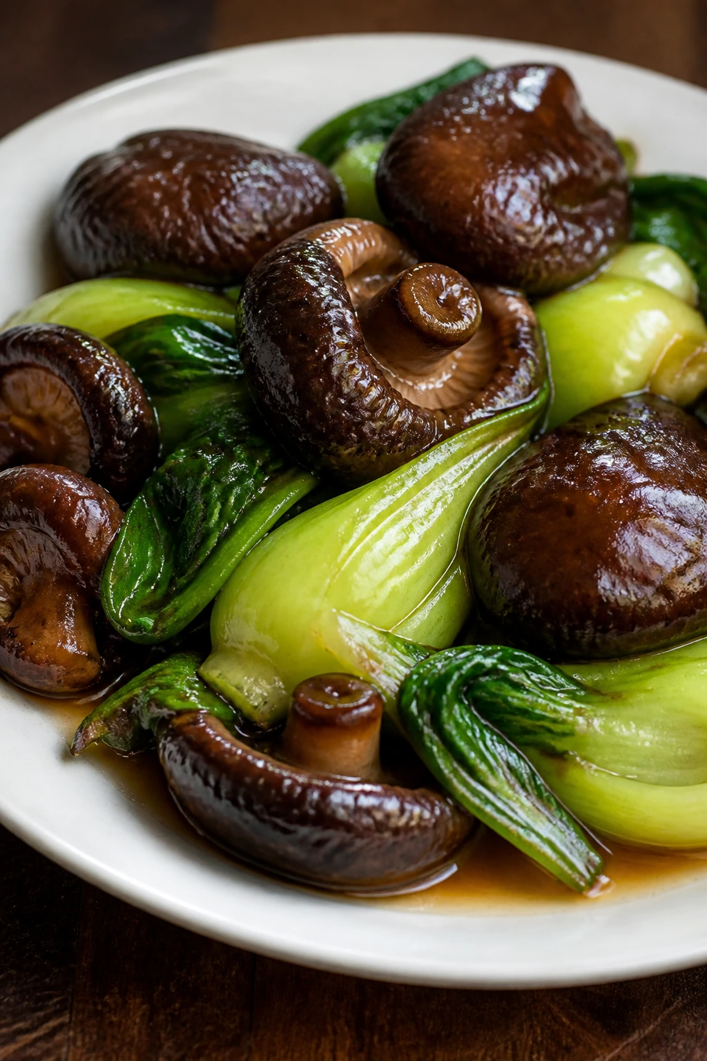 Braised shiitake mushrooms with bok choy on a plate