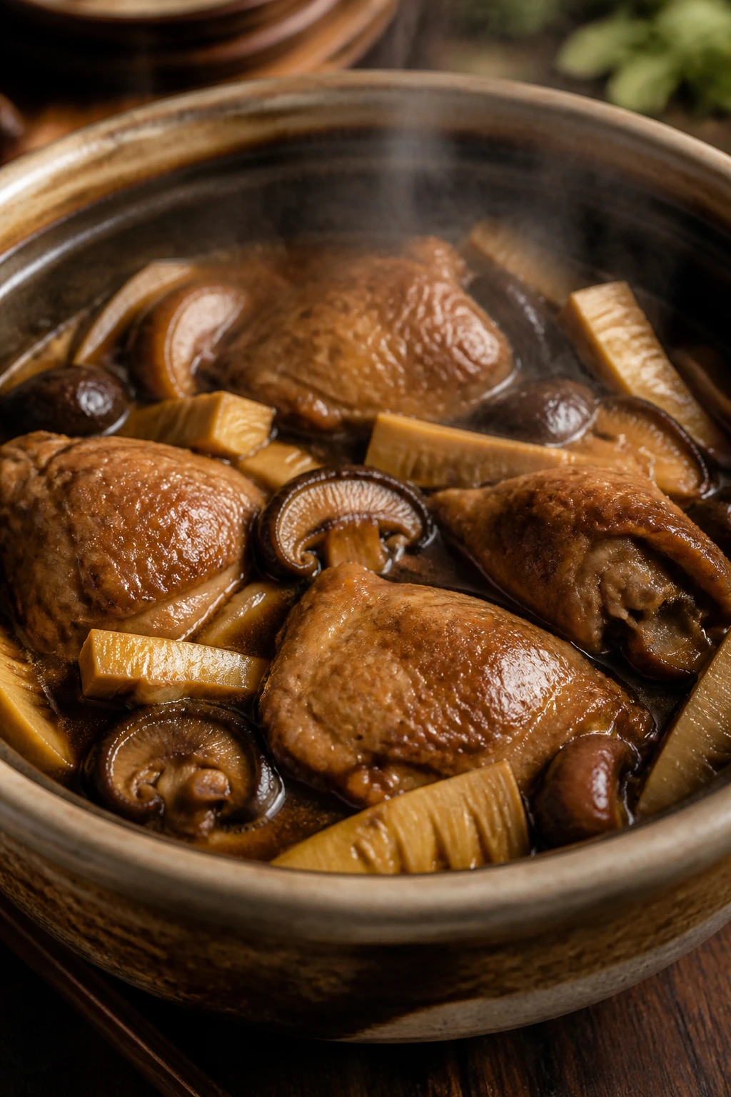 Close-up of braised chicken with shiitake mushrooms and bamboo shoots