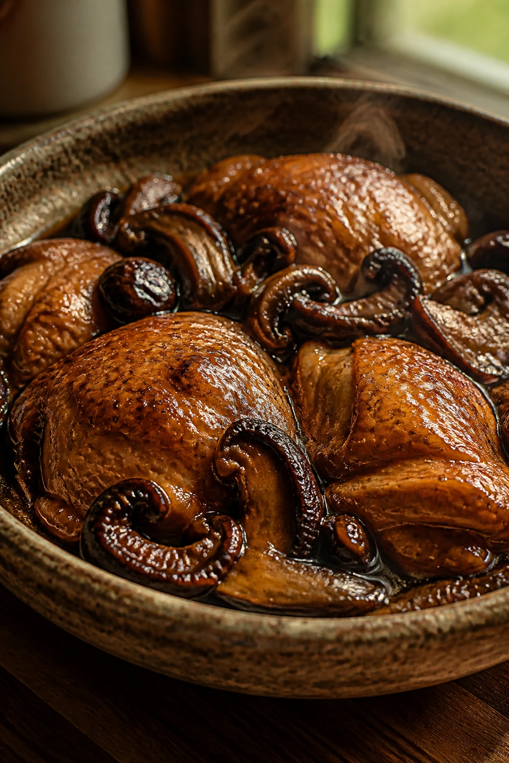 Close-up of braised mushroom chicken with dried shiitakes in glossy sauce