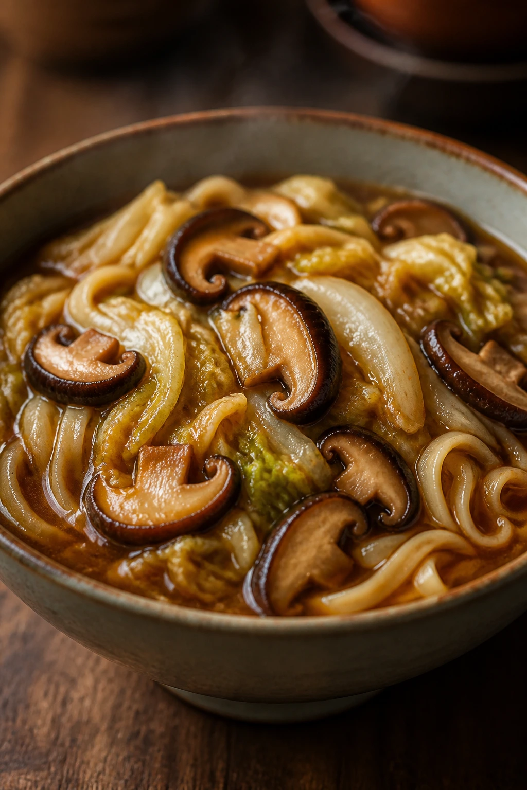 Close-up of braised shiitake mushrooms, napa cabbage, and egg noodles in a glossy broth.