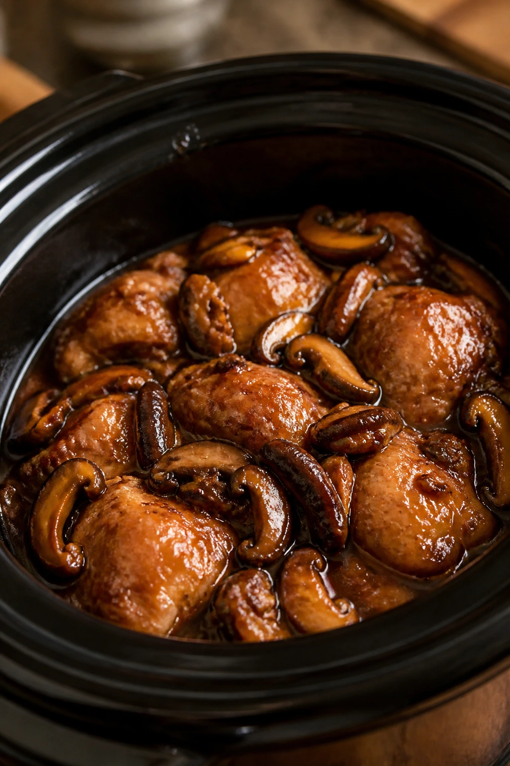 Close-up of Chicken and Shiitakes in Oyster Sauce in a Crockpot