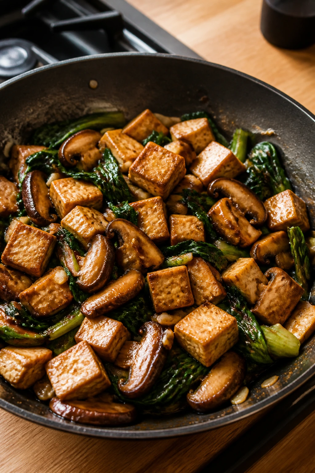 Close-up of shiitake mushroom and tofu stir-fry filling the frame
